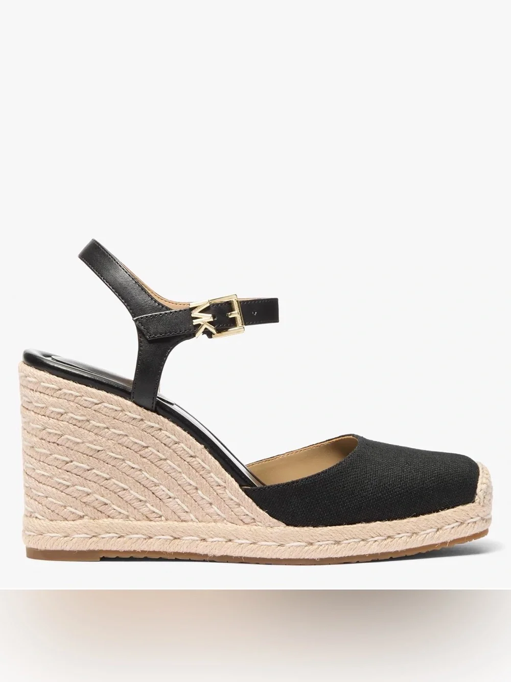 Michael Kors Kenzie Black Canvas Espadrille Wedge Sandals with Gold Buckle
